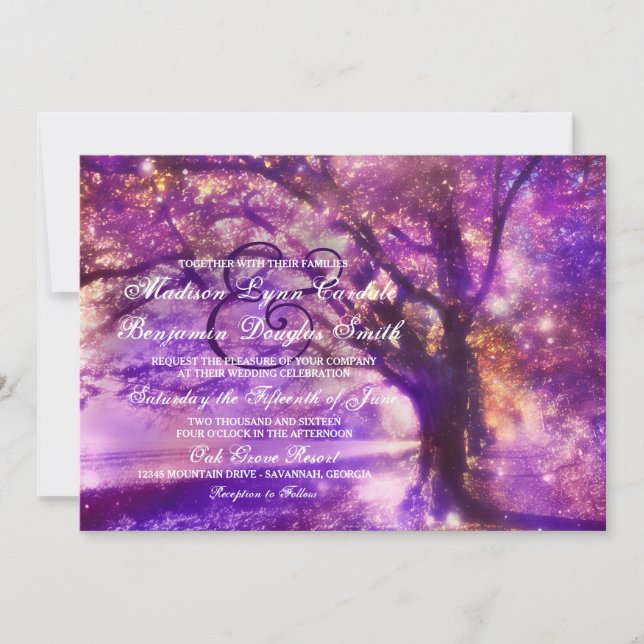 Rustic Purple Oak Tree Wedding Invitations (Front)