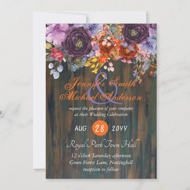Rustic Purple Orange Pink Floral Wedding Invitatio Holiday Card (Front)