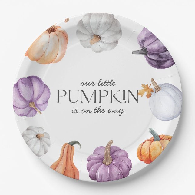 Rustic Purple Orange White Pumpkin Baby Shower Paper Plate (Front)