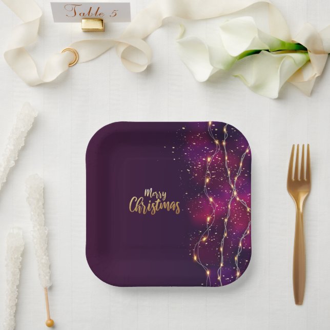 Rustic Purple pink black gold neon lighting theme Paper Plate (Wedding)