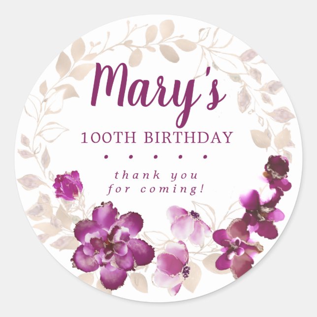 Rustic Purple Pink Floral 100th Birthday Thank You Classic Round Sticker (Front)