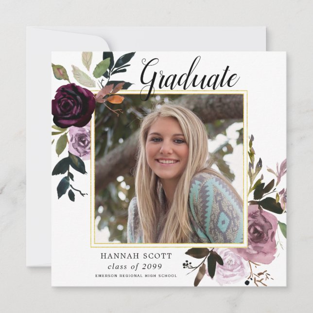 Rustic Purple Pink Floral Photo Graduation Party Invitation (Front)