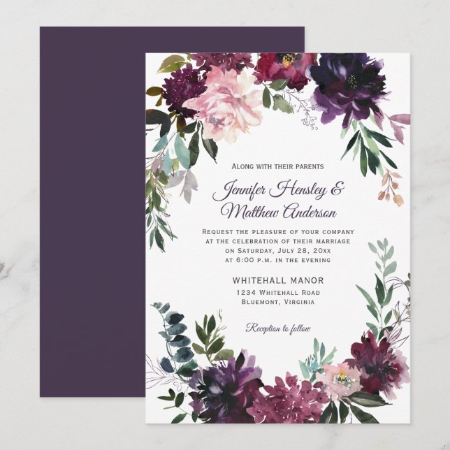 Rustic Purple Pink Mauve Red Floral Wreath Wedding Invitation (Front/Back)