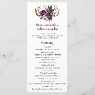 Rustic Purple Plum Pink Peonies Antlers Wedding Program