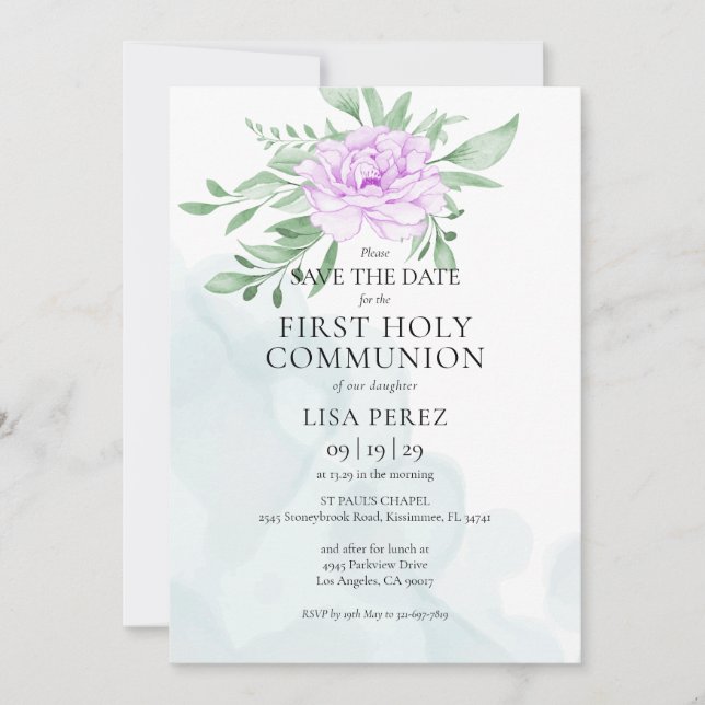 Rustic Purple Rose Eucalyptus First Holy Communion Save The Date (Front)