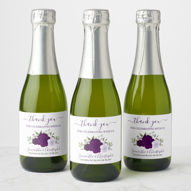 Rustic Purple Roses Wedding Thank You Mini Sparkling Wine Label (Bottles)