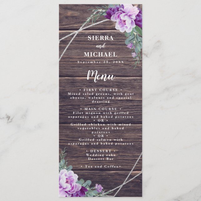 Rustic Purple & Silver Floral Wedding Reception Me Menu (Front)