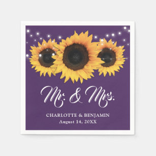 Rustic Purple String Lights Sunflower Wedding Napkin