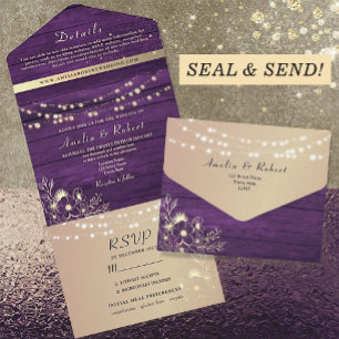 Rustic Purple String Lights Wedding All In One Invitation