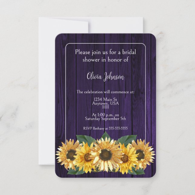 Rustic Purple Sunflower Bridal Shower Invitation (Front)