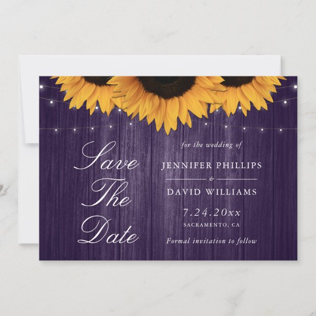Rustic Purple Sunflower Save The Date Cards (Front)