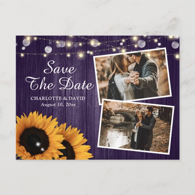 Rustic Purple Sunflower Save The Date Photo Announcement Postcard (Front)