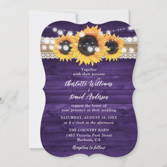 Rustic Purple Sunflower Wood String Lights Wedding Invitation (Front)
