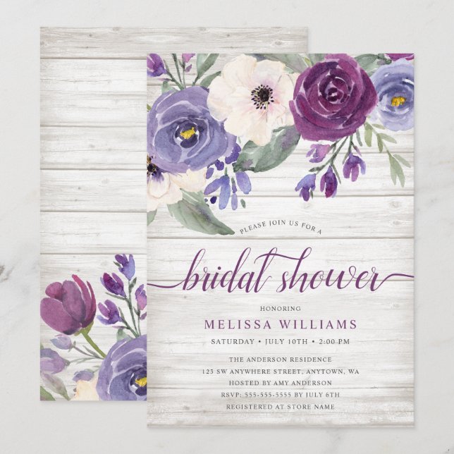 Rustic Purple Watercolor Floral Bridal Shower Invitation (Front/Back)
