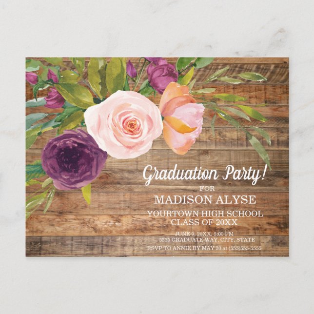 Rustic Purple Watercolor Floral Ivory Graduation Postcard (Front)