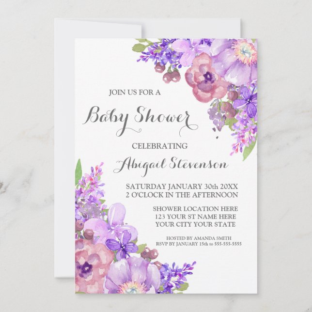 Rustic Purple Watercolor Flowers Baby Shower Invitation (Back)