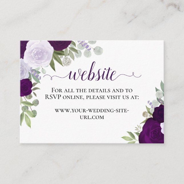 Rustic Purple Watercolor Roses Wedding Website Enclosure Card (Front)