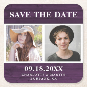Rustic Purple Wedding 2 Photo Save The Date Square Paper Coaster