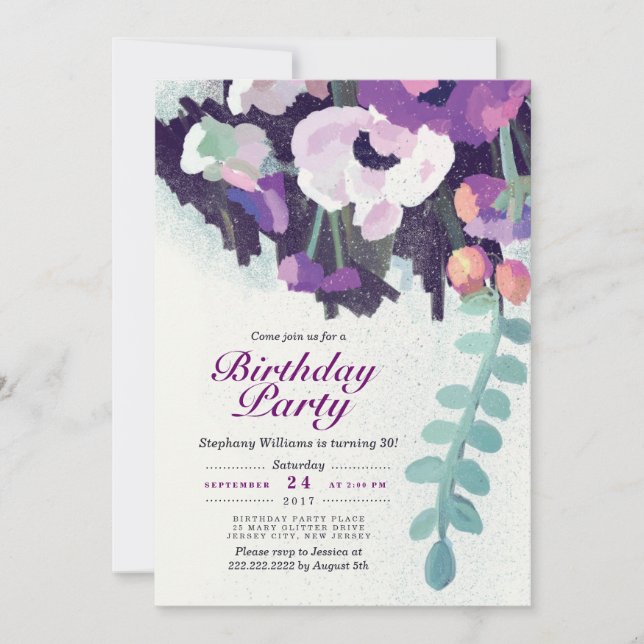 Rustic Purple White Floral Birthday Party Invite (Front)
