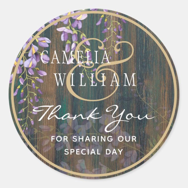 Rustic Purple Wisteria Lace Lights Wood Wedding Classic Round Sticker (Front)