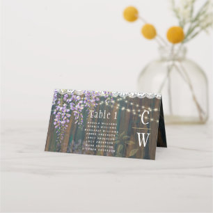Rustic Purple Wisteria Lace Lights Wood Wedding Place Card