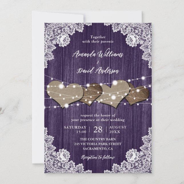Rustic Purple Wood Burlap Lace Wedding Invitation (Front)