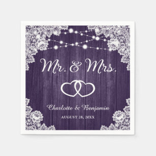Rustic Purple Wood Lace String Lights Wedding Napkin