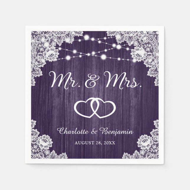Rustic Purple Wood Lace String Lights Wedding Napkin (Front)
