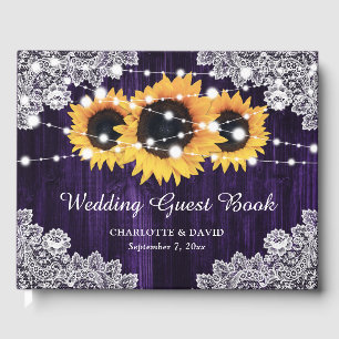 Rustic Purple Wood Lace Sunflower Wedding Guest Book