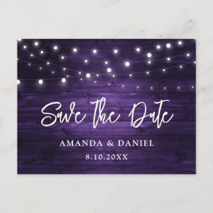 Rustic Purple Wood Lights Wedding Save The Date Announcement Postcard