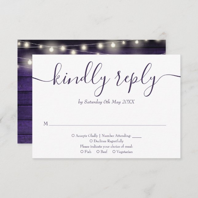Rustic Purple Wood String Lights Floral Script RSVP Card (Front/Back)