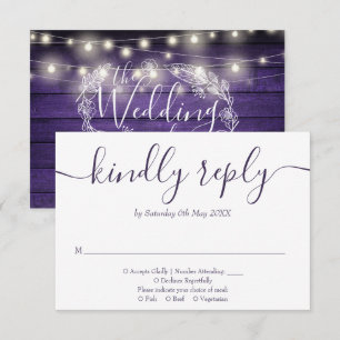 Rustic Purple Wood String Lights Floral Script RSVP Card
