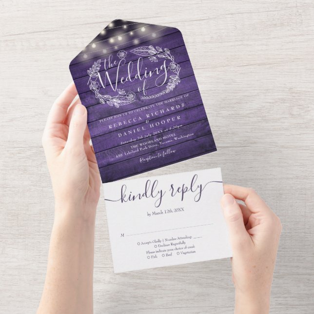 Rustic Purple Wood String Lights Floral Wedding All In One Invitation (Tearaway)