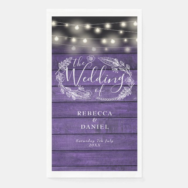 Rustic Purple Wood String Lights Floral Wedding Napkin (Front)