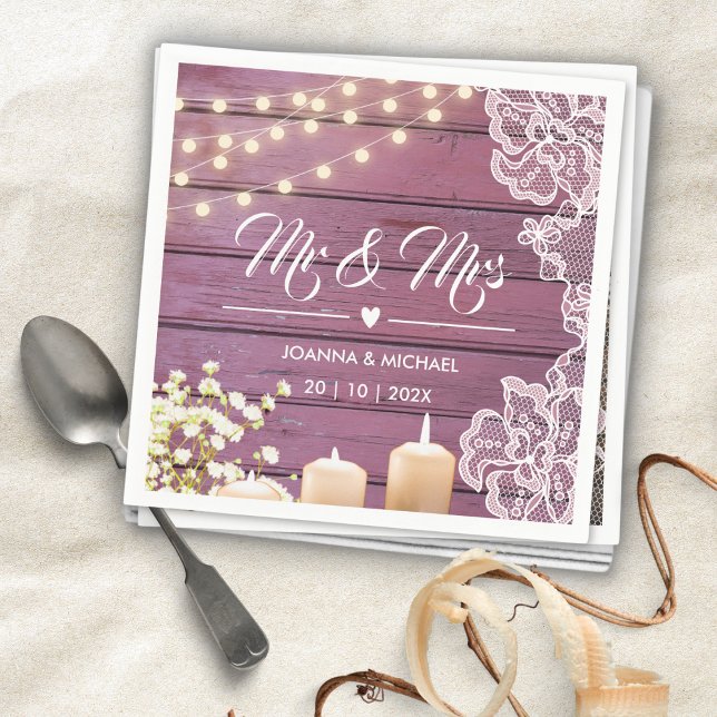 Rustic Purple Wood String Lights Lace Mr and Mrs Napkin (Creator Uploaded)