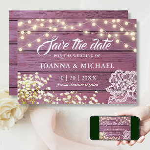 Rustic Purple Wood String Lights & Lace Save The Date