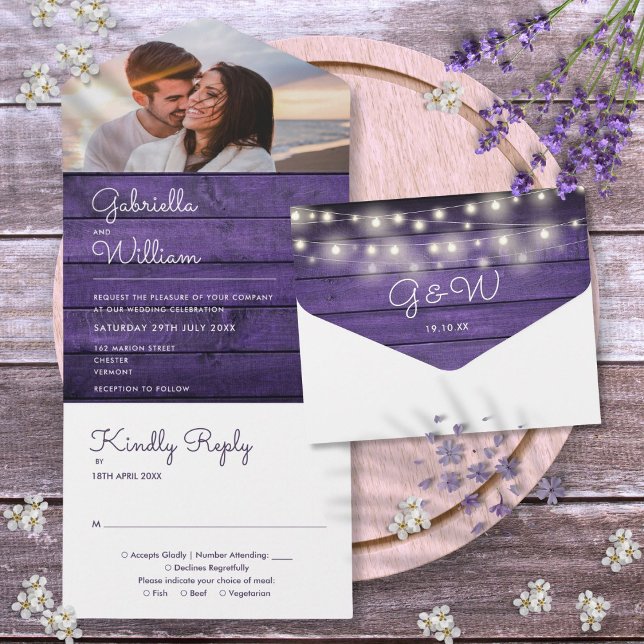 Rustic Purple Wood String Lights Photo Wedding All In One Invitation (Rustic Purple Wood String Lights Photo Wedding All In One Invitation)