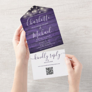 Rustic Purple Wood String Lights QR Code Wedding  All In One Invitation