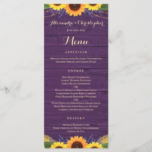 Rustic Purple Wood String Lights Sunflower Wedding Menu (Front)