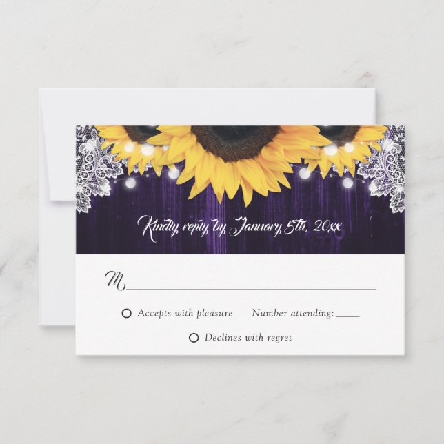 Rustic Purple Wood Sunflower Wedding RSVP Cards (Front)