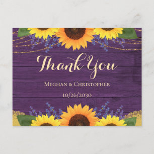 Rustic Purple Wood Sunflower Wedding Thank You Postcard