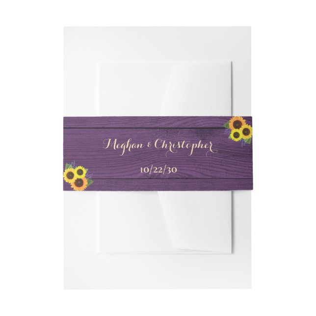 Rustic Purple Wood Sunflowers Lavender Wedding Invitation Belly Band (Front Example)
