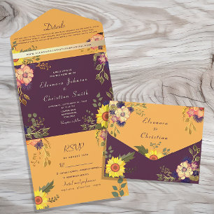 Rustic Purple Yellow Floral Wedding All In One Invitation