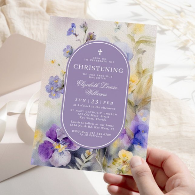 Rustic Purple & Yellow Flowers Christening Invitation (Creator Uploaded)