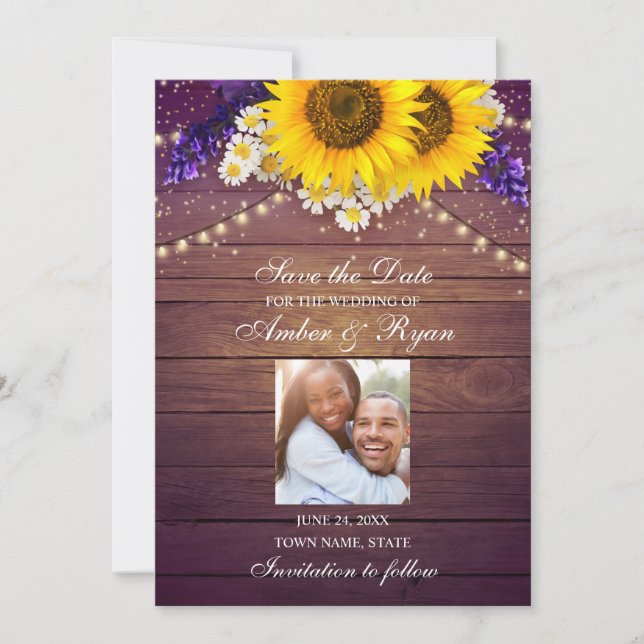 Rustic Purple Yellow Sunflower Floral Barn Photo Save The Date (Front)