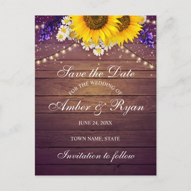 Rustic Purple Yellow Sunflower Floral Country Barn Announcement Postcard (Front)