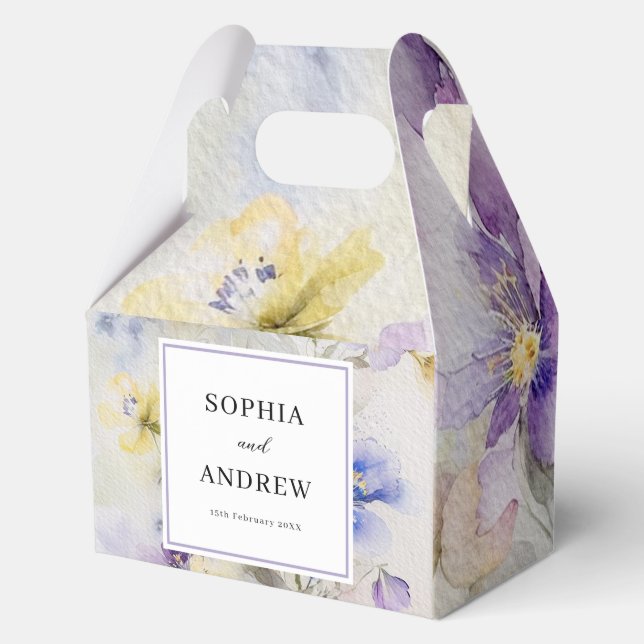 Rustic Purple & Yellow Watercolor Wedding Favor Box (Back)