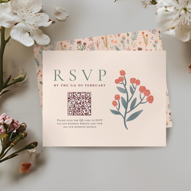Rustic QR Code Boho Wildflowers Wedding RSVP Card (Creator Uploaded)