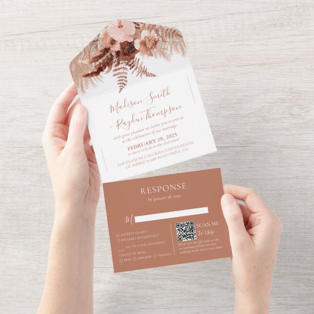 Rustic QR Code Terracotta Pampas Grass Wedding All In One Invitation (Tearaway)