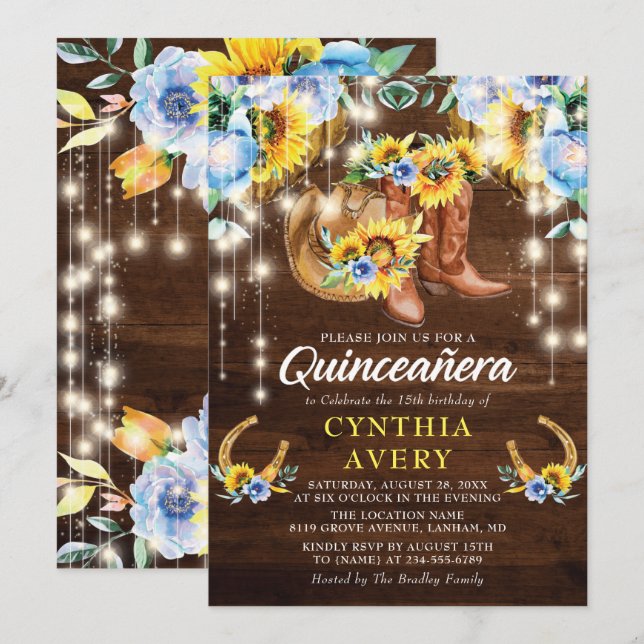 Rustic Quinceañera 15th Birthday Boots Cowgirl  Invitation (Front/Back)